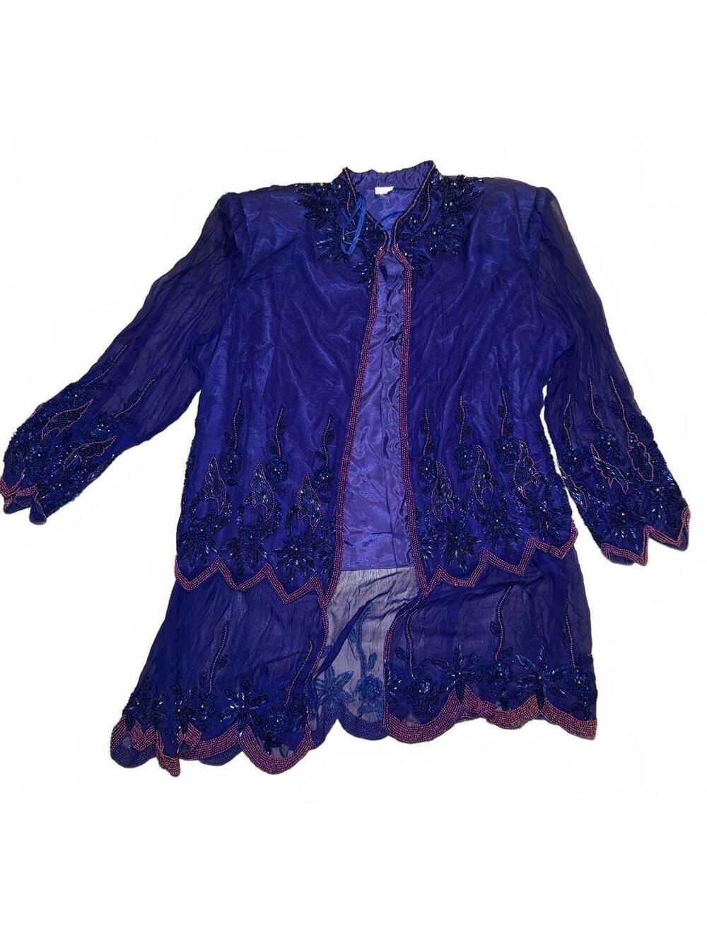 Vintage Women's Purple Silk Beaded 2 Piece Church Skirt Suit Size XL